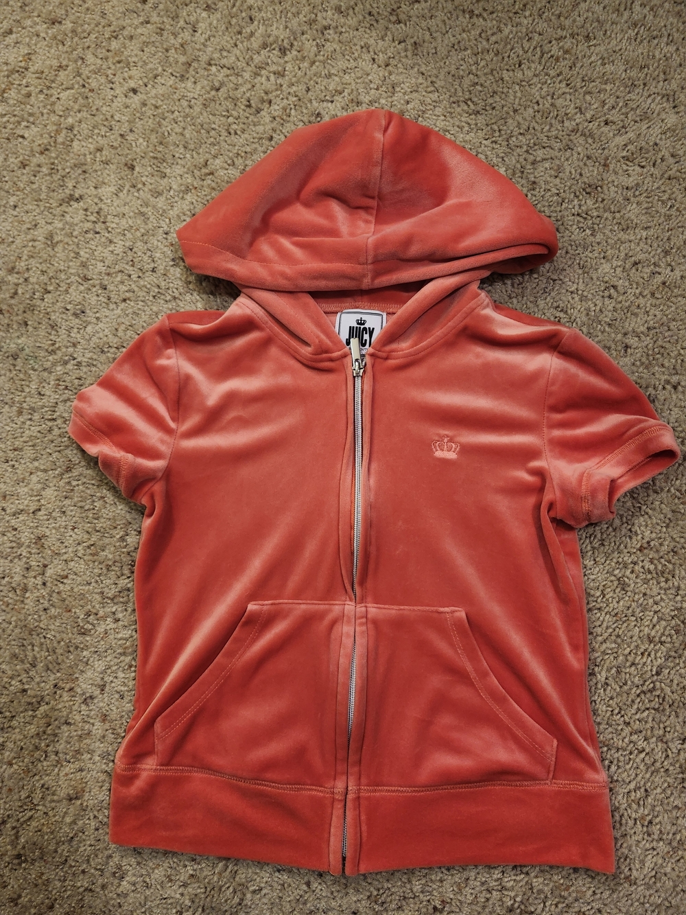 Vintage Juicy Couture short-sleeve velour hoodie in a peach-orange color XS